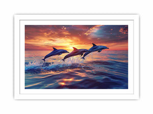 Three dolphins jumping through sunset ocean waves for coastal living room canvas decor.