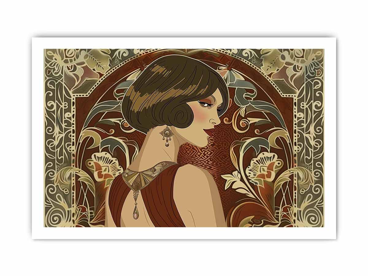 Elegant art deco woman portrait with floral pattern for luxury bedroom or living room decor.