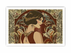 Elegant art deco woman portrait with floral pattern for luxury bedroom or living room decor.