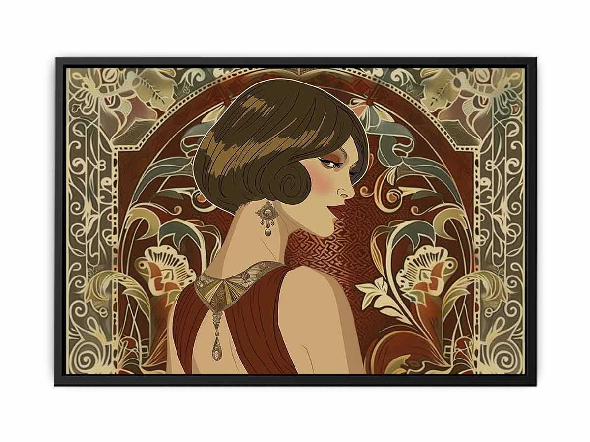 Elegant art deco woman portrait with floral pattern for luxury bedroom or living room decor.