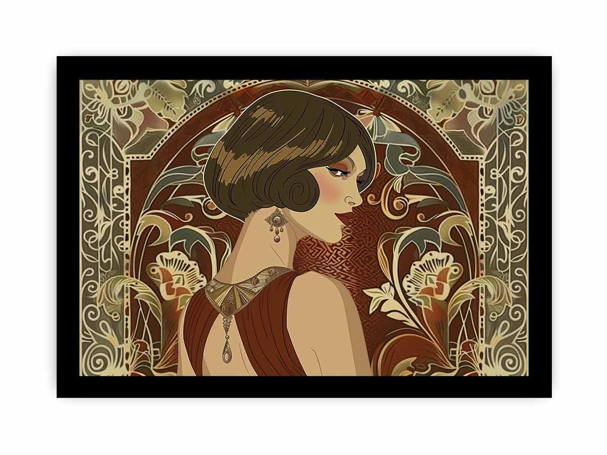 Elegant art deco woman portrait with floral pattern for luxury bedroom or living room decor.