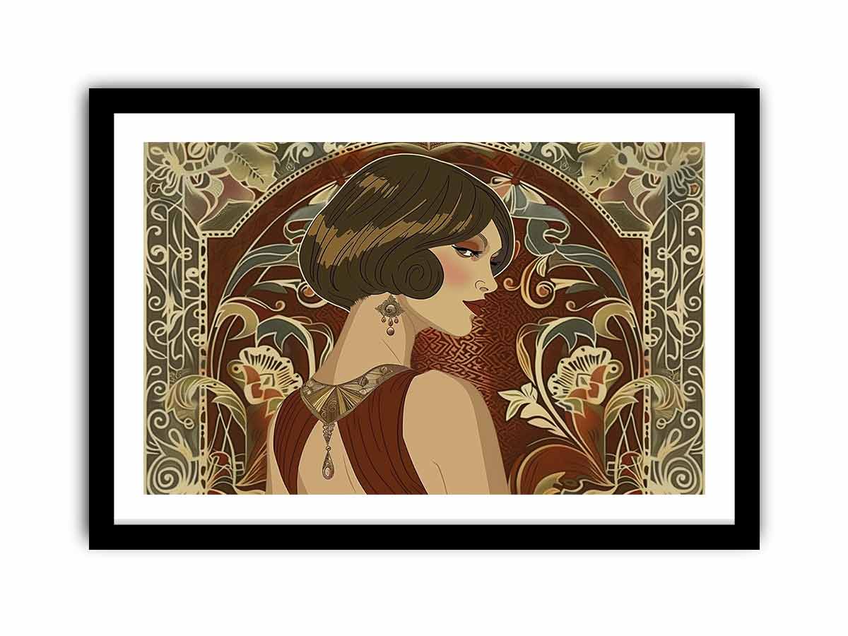 Elegant art deco woman portrait with floral pattern for luxury bedroom or living room decor.