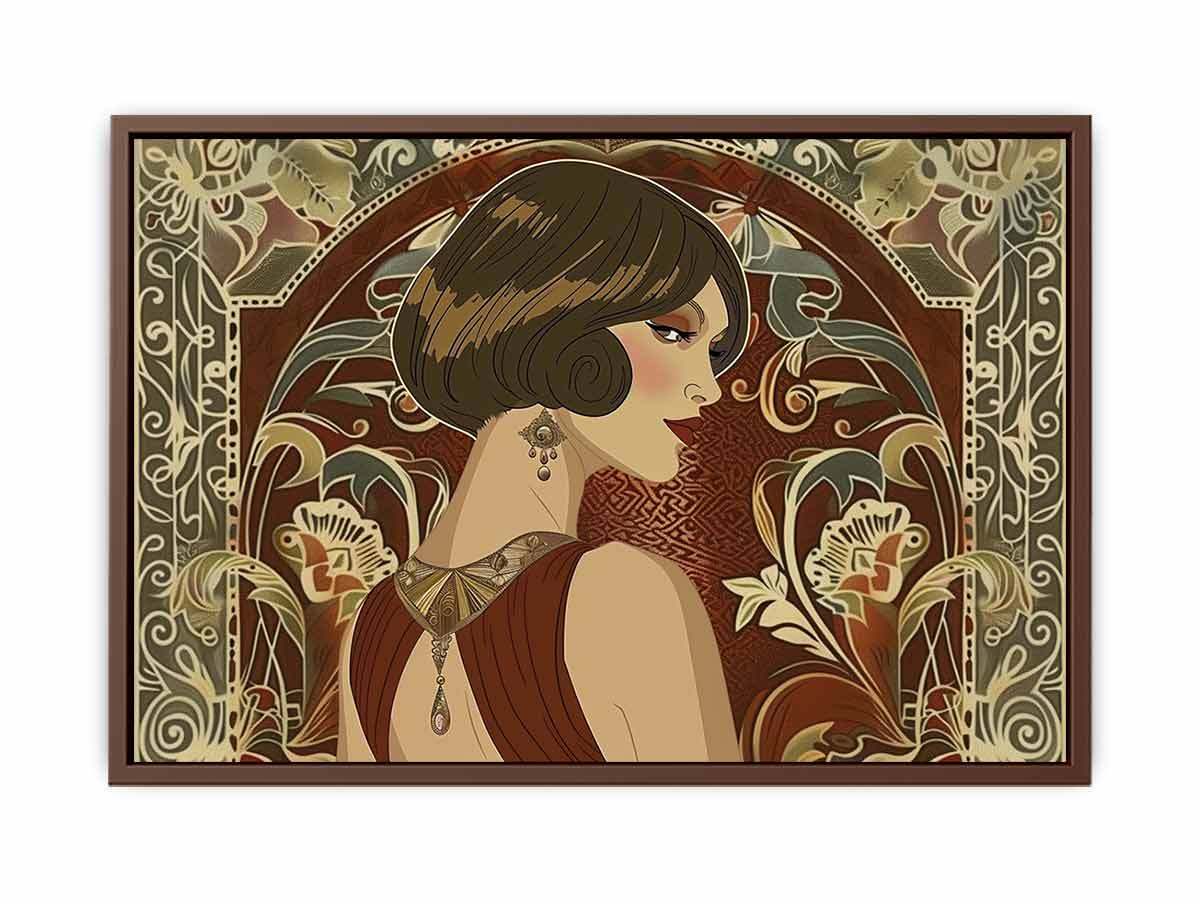 Elegant art deco woman portrait with floral pattern for luxury bedroom or living room decor.