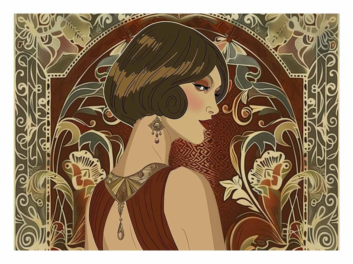 Elegant art deco woman portrait with floral pattern for luxury bedroom or living room decor.