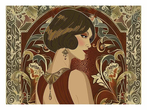 Elegant art deco woman portrait with floral pattern for luxury bedroom or living room decor.