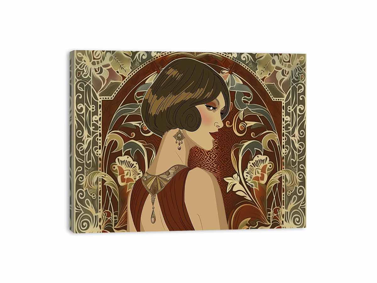 Elegant art deco woman portrait with floral pattern for luxury bedroom or living room decor.