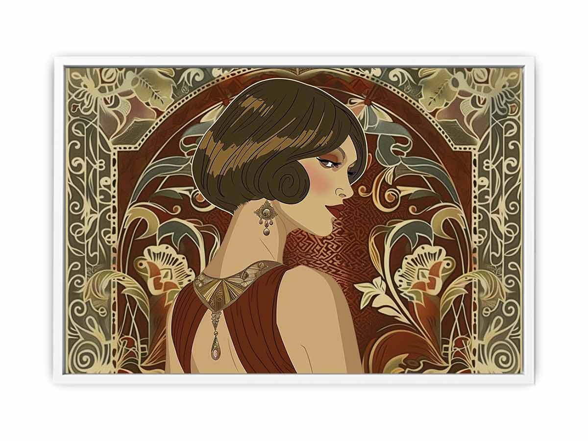 Elegant art deco woman portrait with floral pattern for luxury bedroom or living room decor.