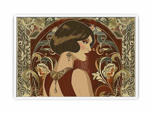 Elegant art deco woman portrait with floral pattern for luxury bedroom or living room decor.