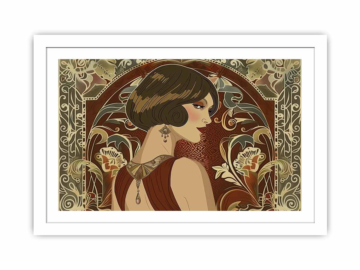Elegant art deco woman portrait with floral pattern for luxury bedroom or living room decor.