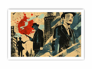 Retro noir city illustration with suited figures and red accents for office or media room decor.