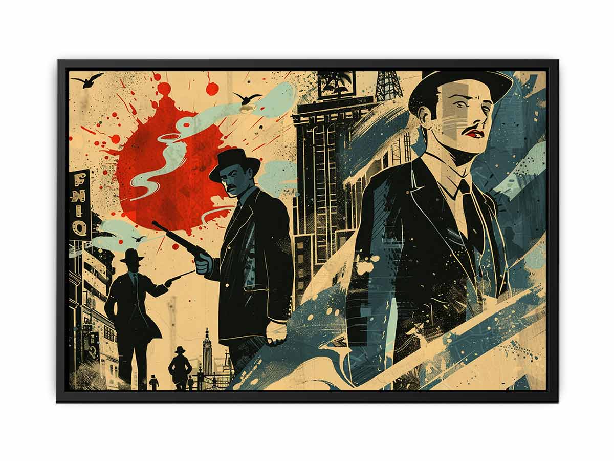 Retro noir city illustration with suited figures and red accents for office or media room decor.