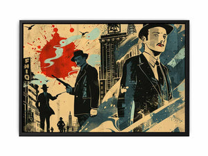 Retro noir city illustration with suited figures and red accents for office or media room decor.