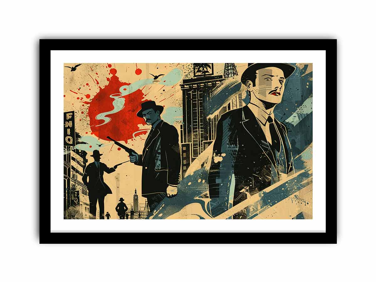 Retro noir city illustration with suited figures and red accents for office or media room decor.