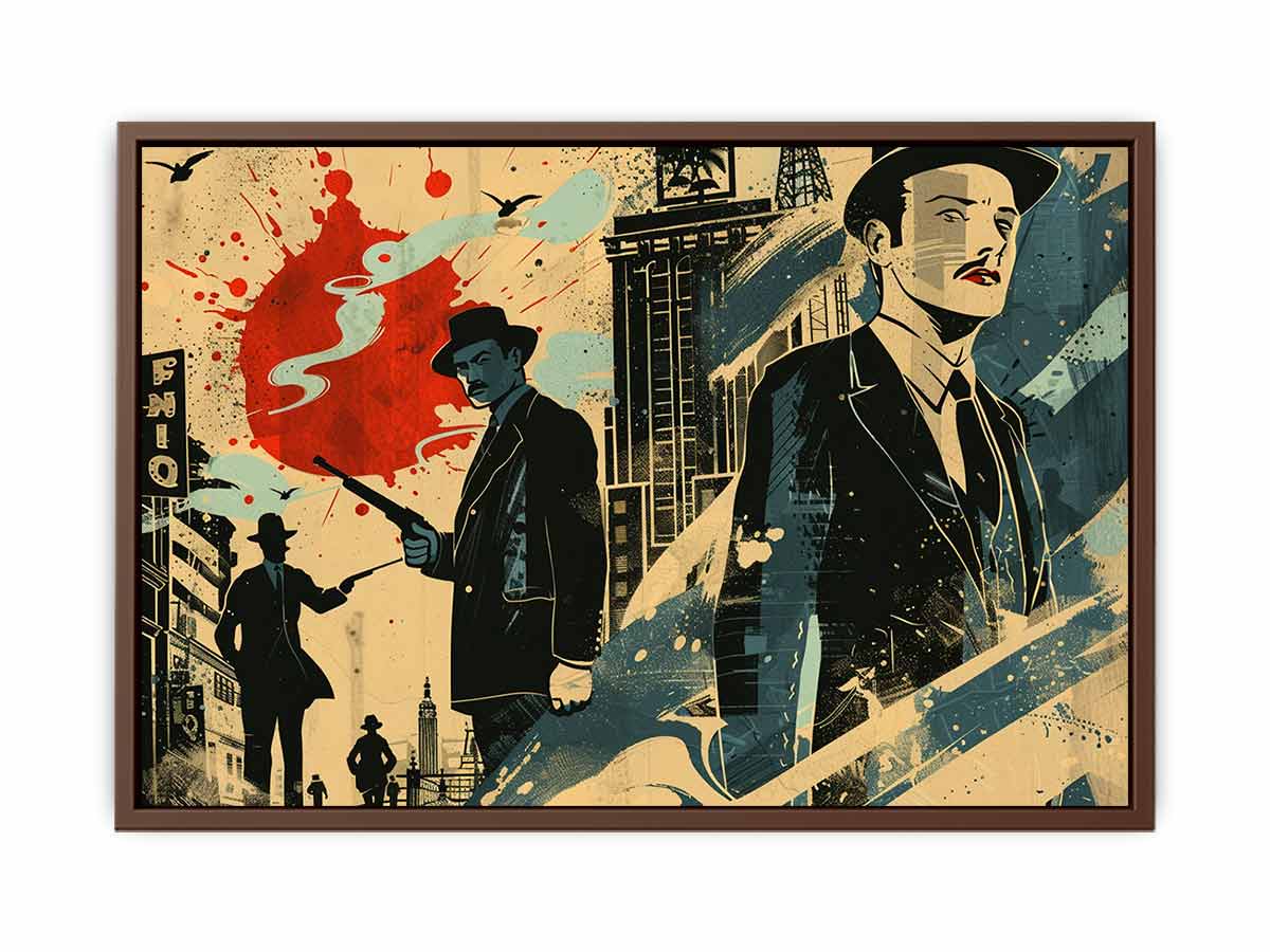 Retro noir city illustration with suited figures and red accents for office or media room decor.