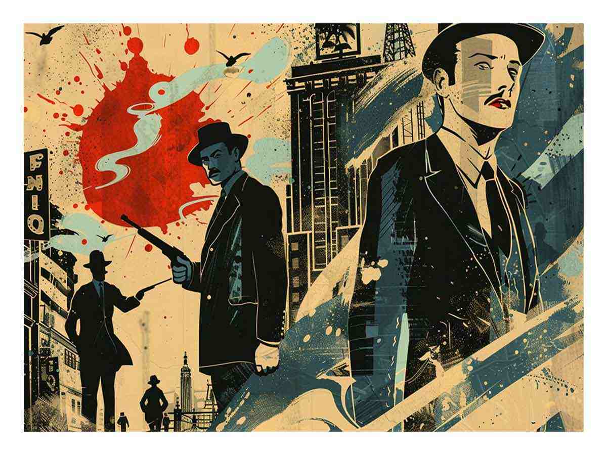 Retro noir city illustration with suited figures and red accents for office or media room decor.