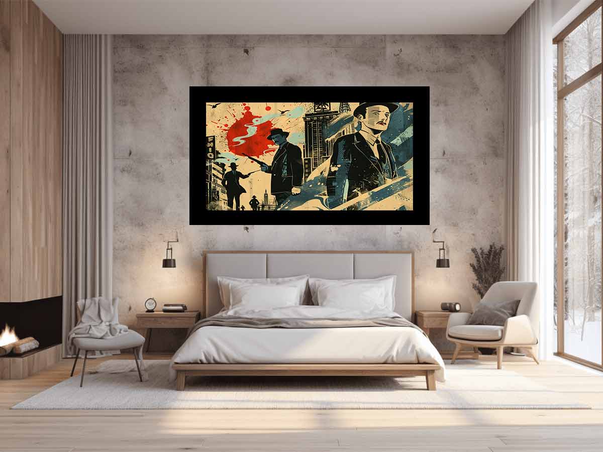 Retro noir city illustration with suited figures and red accents for office or media room decor.