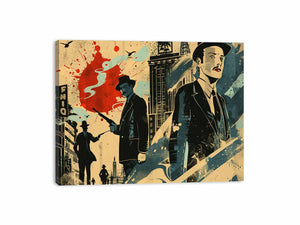 Retro noir city illustration with suited figures and red accents for office or media room decor.