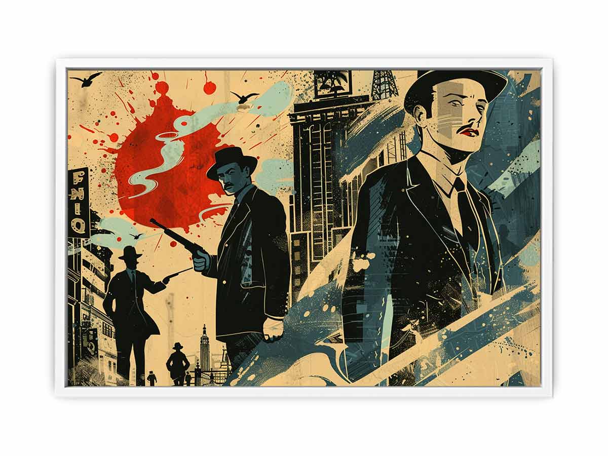 Retro noir city illustration with suited figures and red accents for office or media room decor.