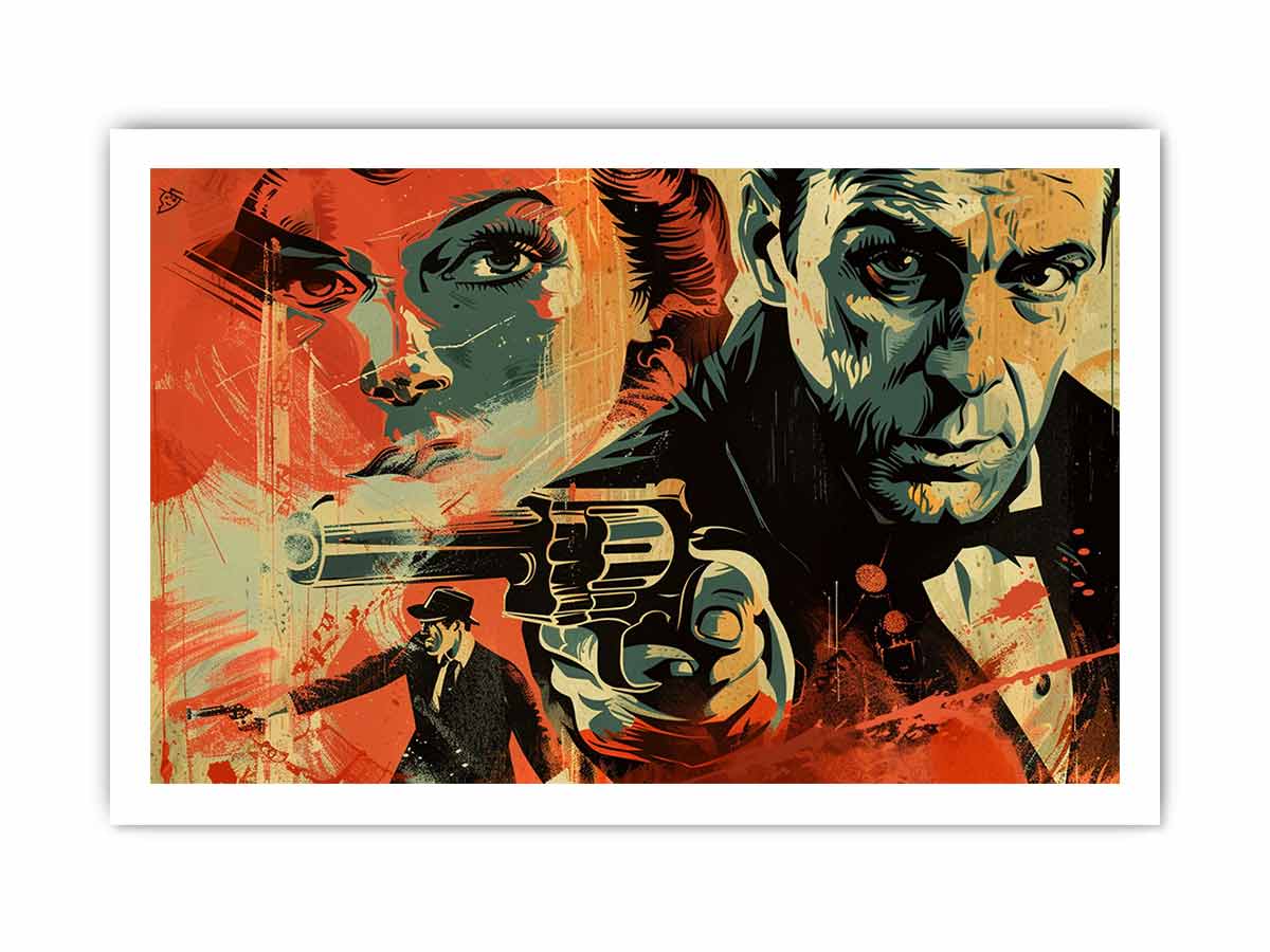 Bold noir detective poster canvas with dramatic portraits and red graphic accents for media room decor.
