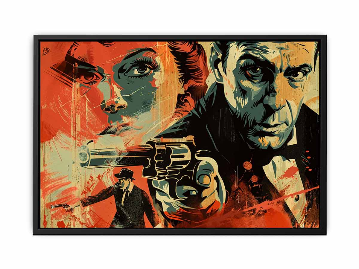 Bold noir detective poster canvas with dramatic portraits and red graphic accents for media room decor.