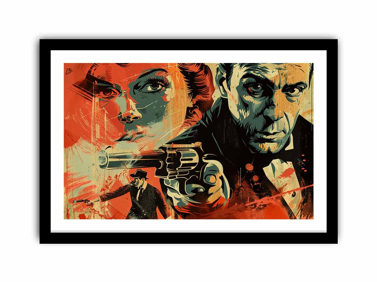 Bold noir detective poster canvas with dramatic portraits and red graphic accents for media room decor.