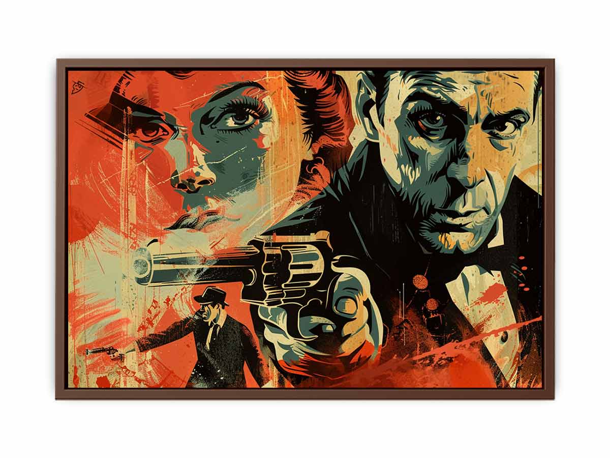 Bold noir detective poster canvas with dramatic portraits and red graphic accents for media room decor.