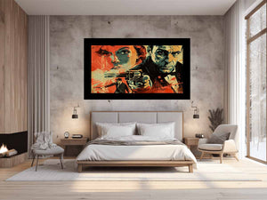 Bold noir detective poster canvas with dramatic portraits and red graphic accents for media room decor.