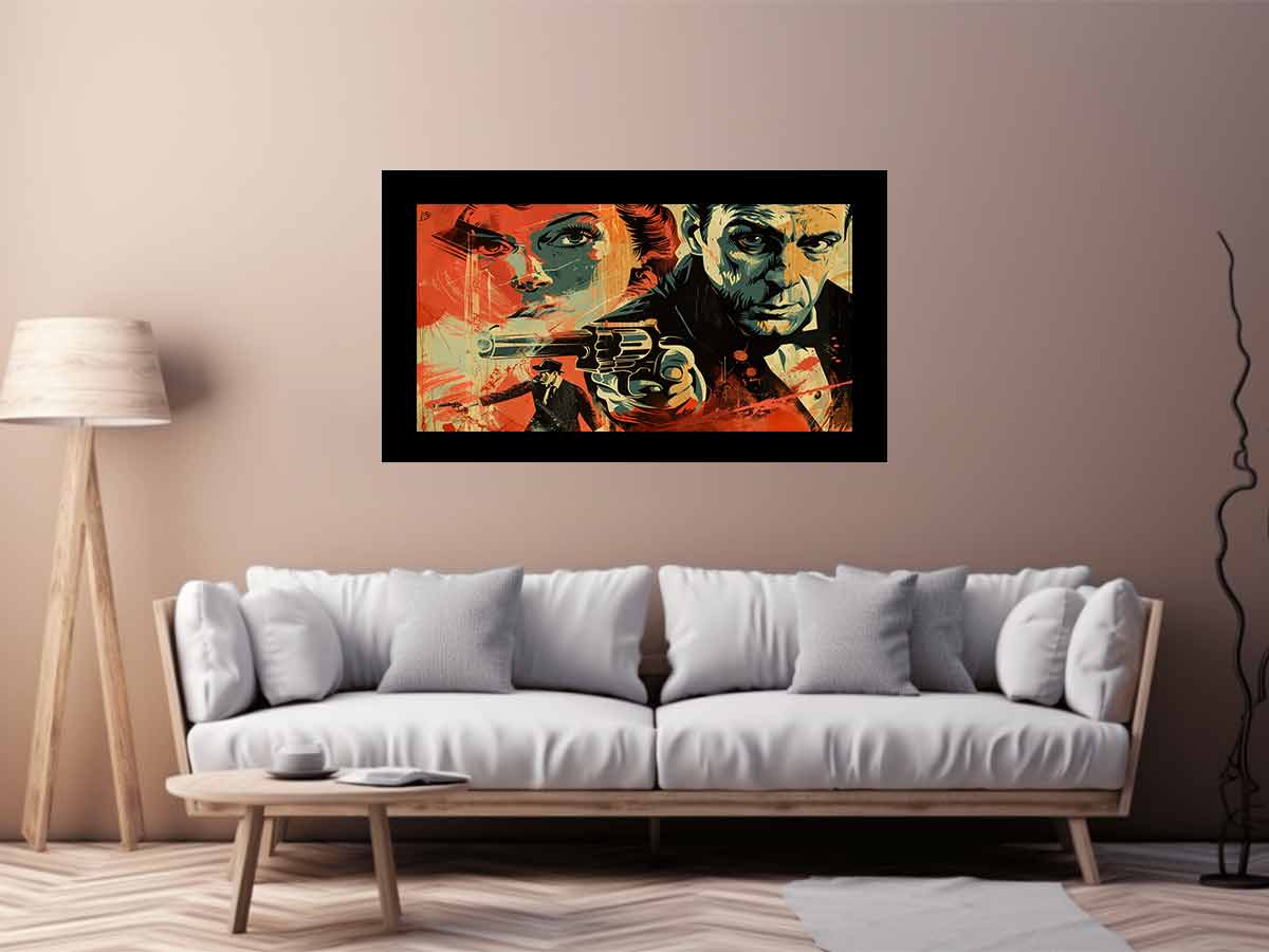 Bold noir detective poster canvas with dramatic portraits and red graphic accents for media room decor.
