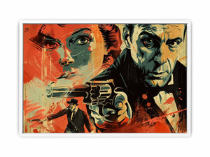 Bold noir detective poster canvas with dramatic portraits and red graphic accents for media room decor.