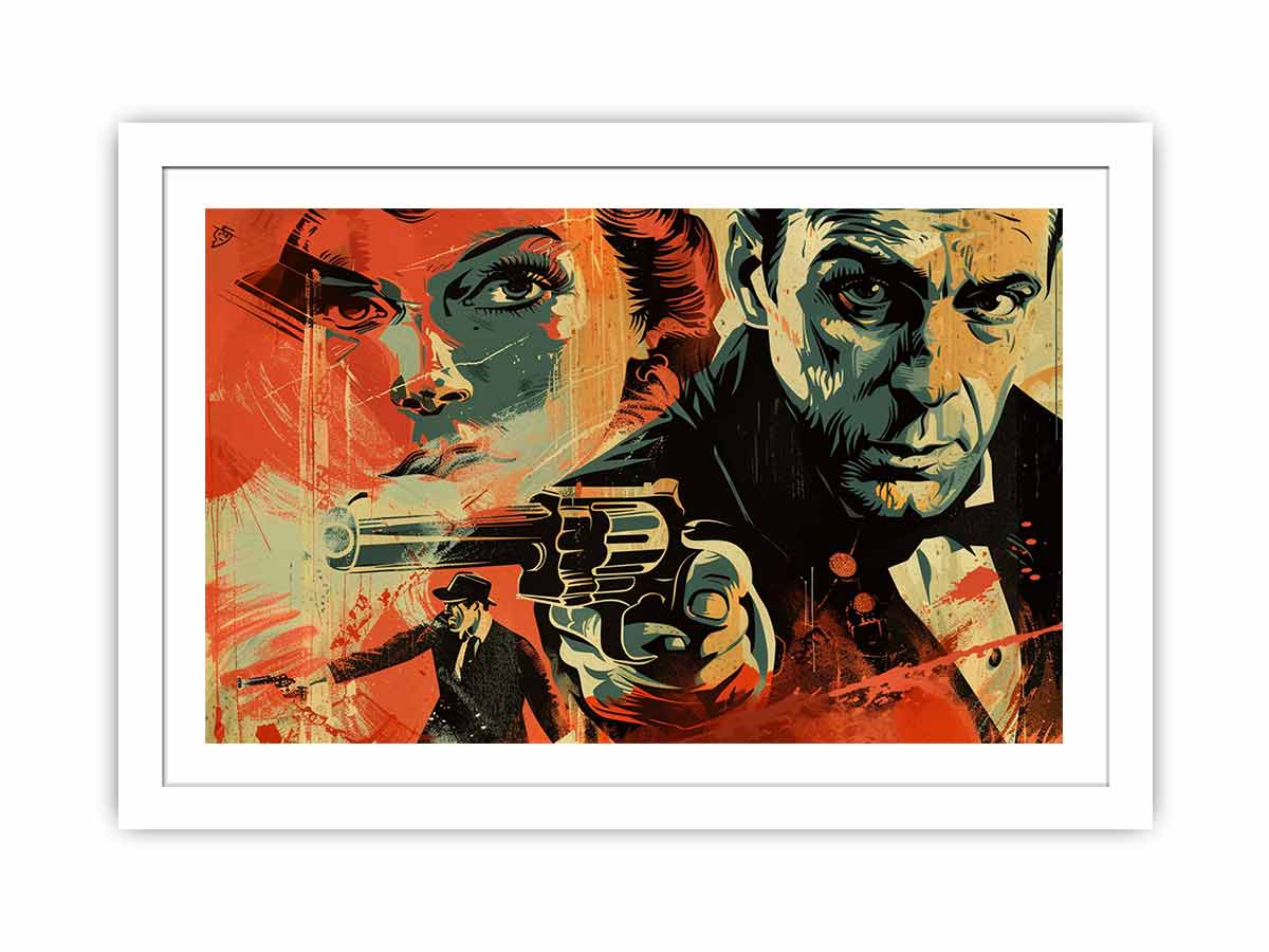 Bold noir detective poster canvas with dramatic portraits and red graphic accents for media room decor.