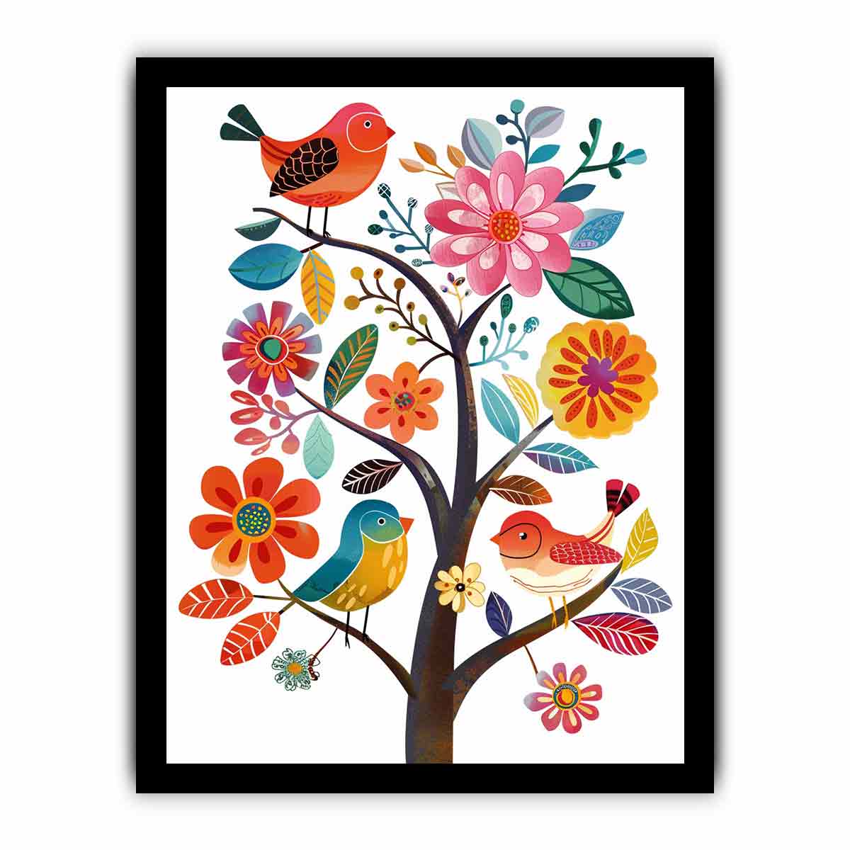 Colorful bird and floral tree illustration canvas art for nursery or kids room decor.