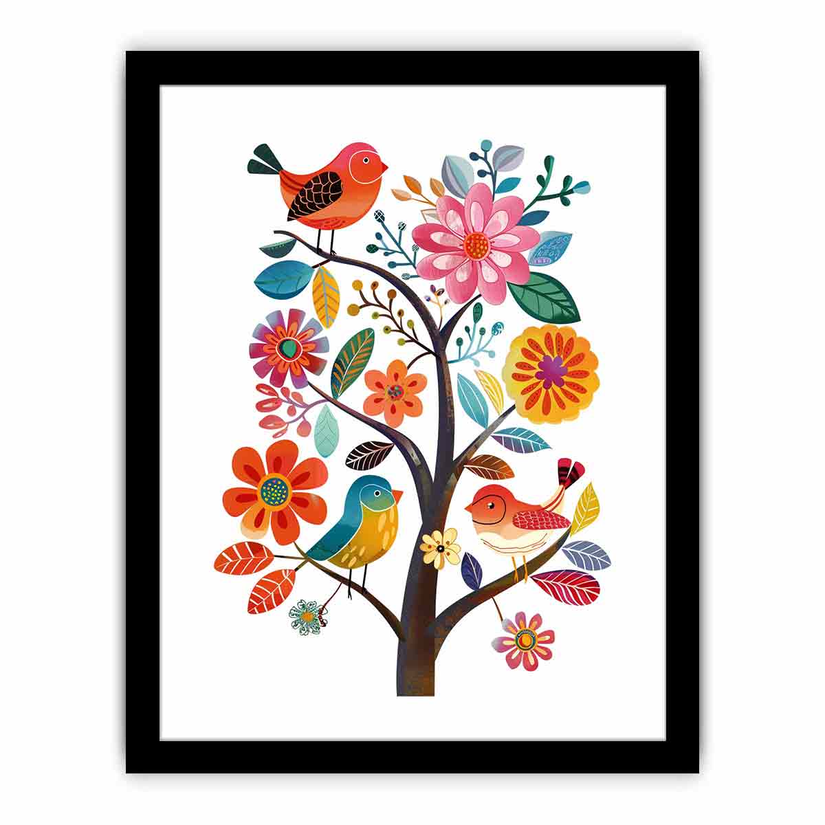 Colorful bird and floral tree illustration canvas art for nursery or kids room decor.