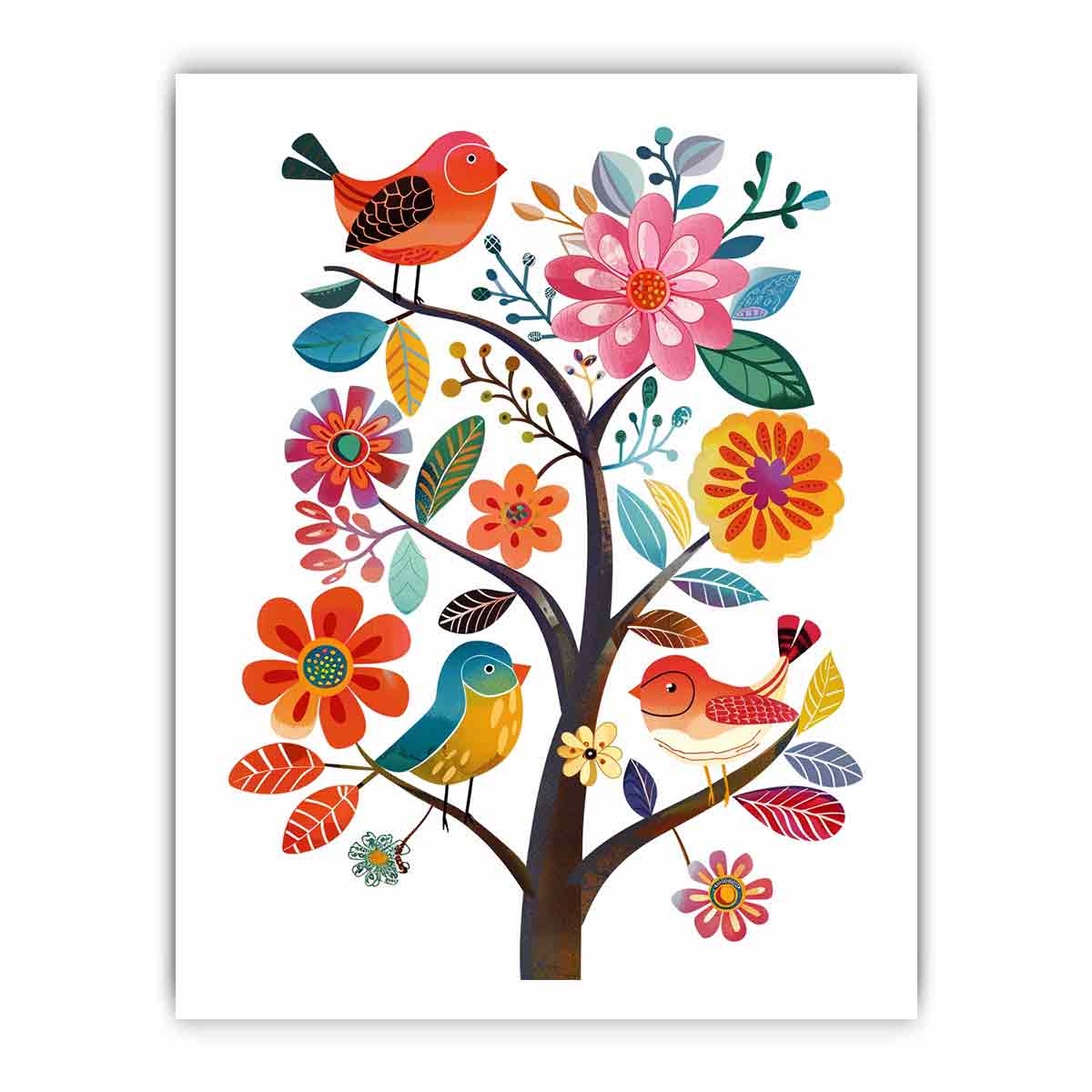 Colorful bird and floral tree illustration canvas art for nursery or kids room decor.