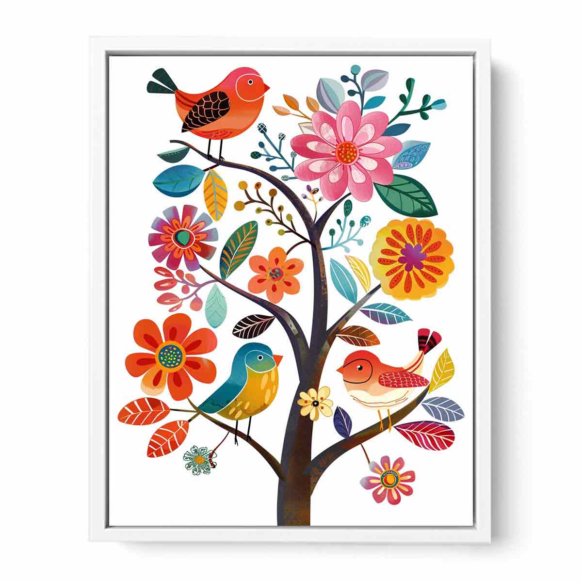 Colorful bird and floral tree illustration canvas art for nursery or kids room decor.