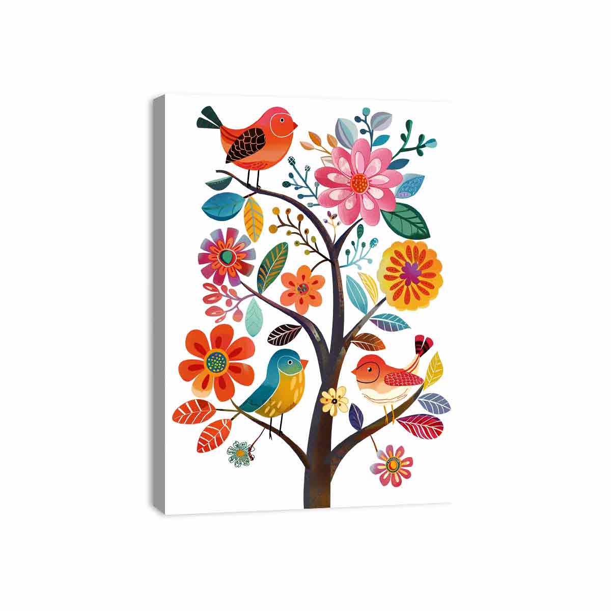 Colorful bird and floral tree illustration canvas art for nursery or kids room decor.