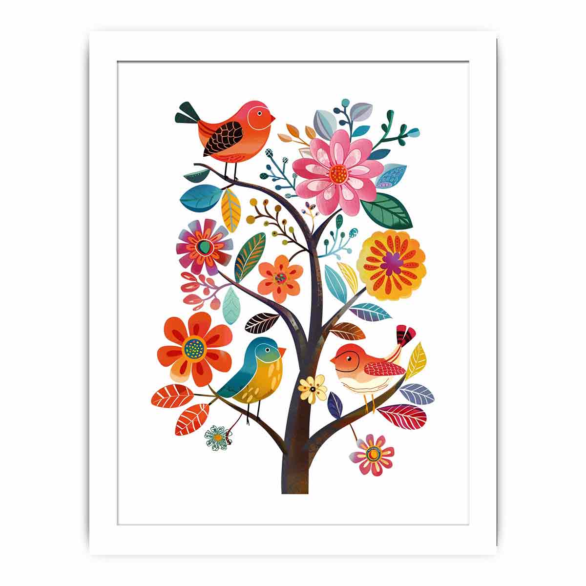 Colorful bird and floral tree illustration canvas art for nursery or kids room decor.
