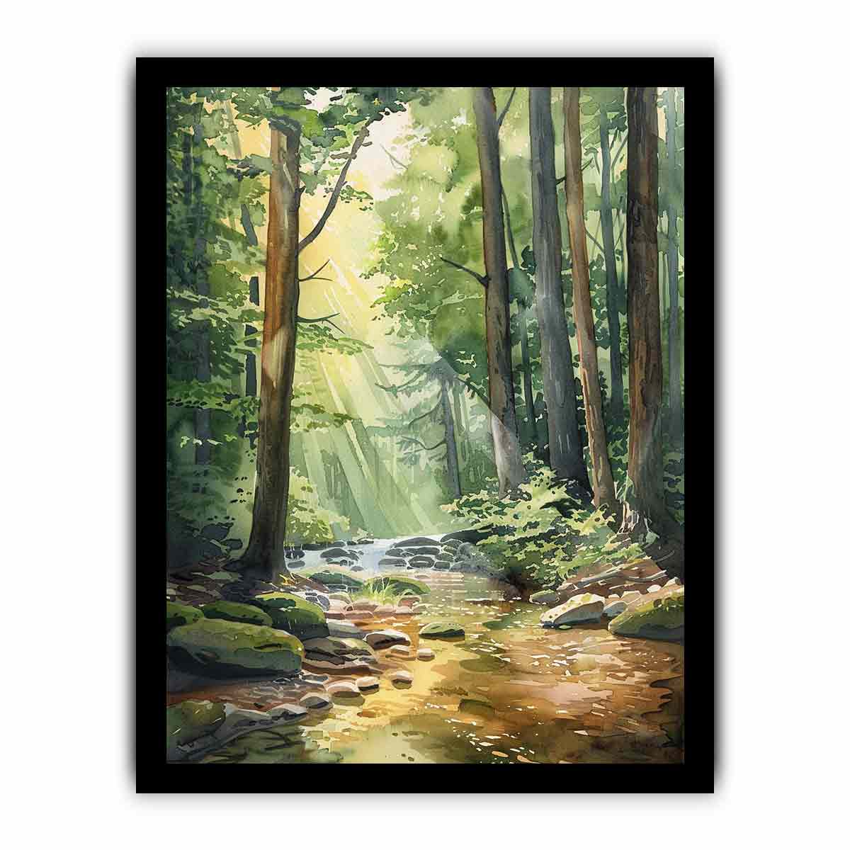 Sunlit forest creek watercolor canvas art for peaceful living room or bedroom decor.