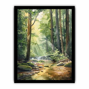 Sunlit forest creek watercolor canvas art for peaceful living room or bedroom decor.