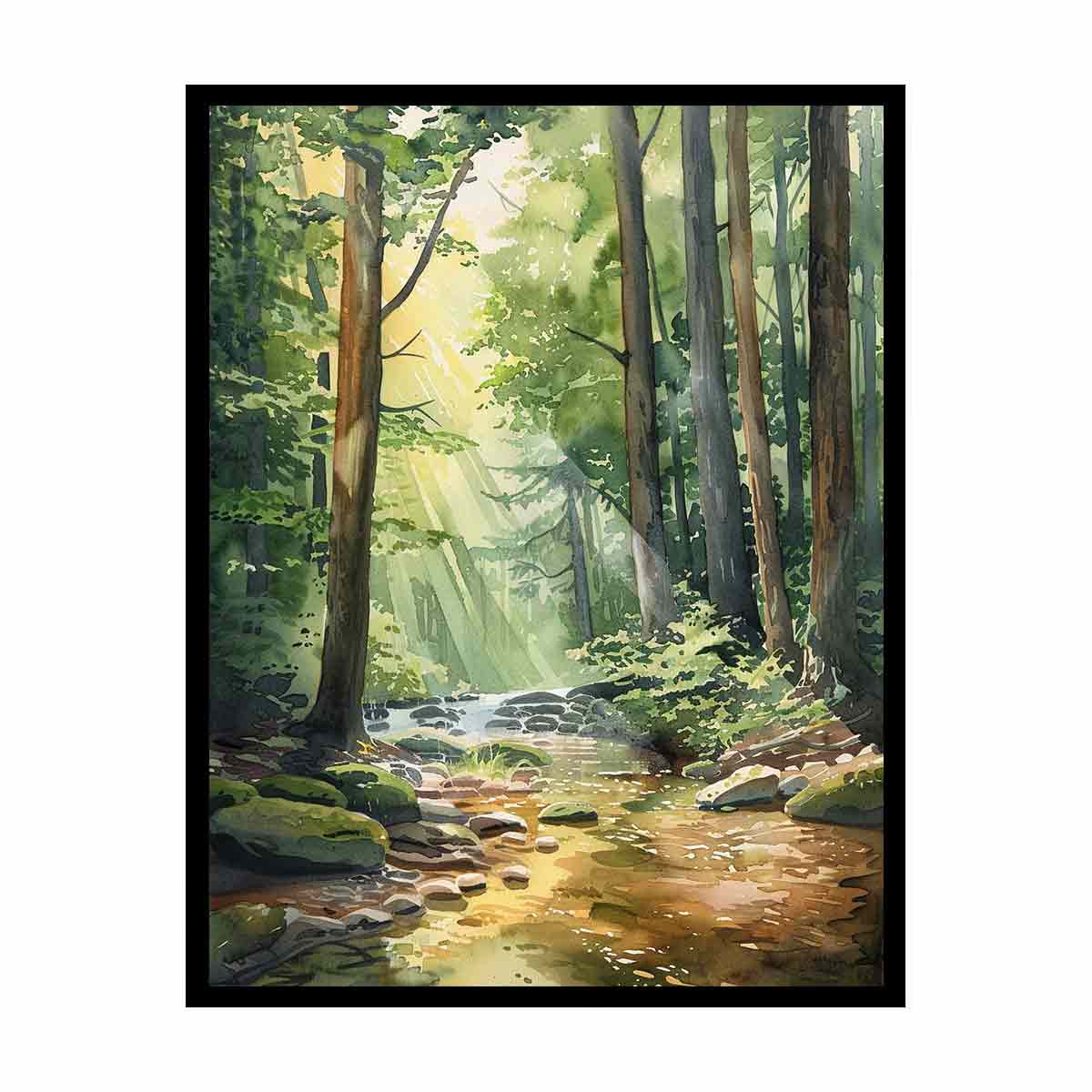 Sunlit forest creek watercolor canvas art for peaceful living room or bedroom decor.