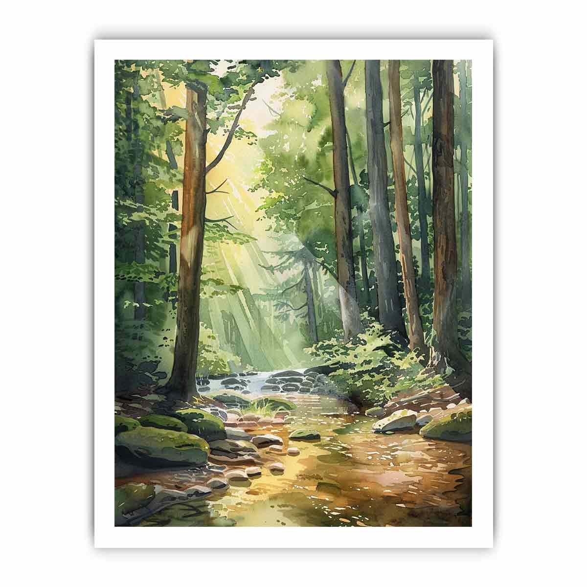 Sunlit forest creek watercolor canvas art for peaceful living room or bedroom decor.
