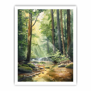 Sunlit forest creek watercolor canvas art for peaceful living room or bedroom decor.