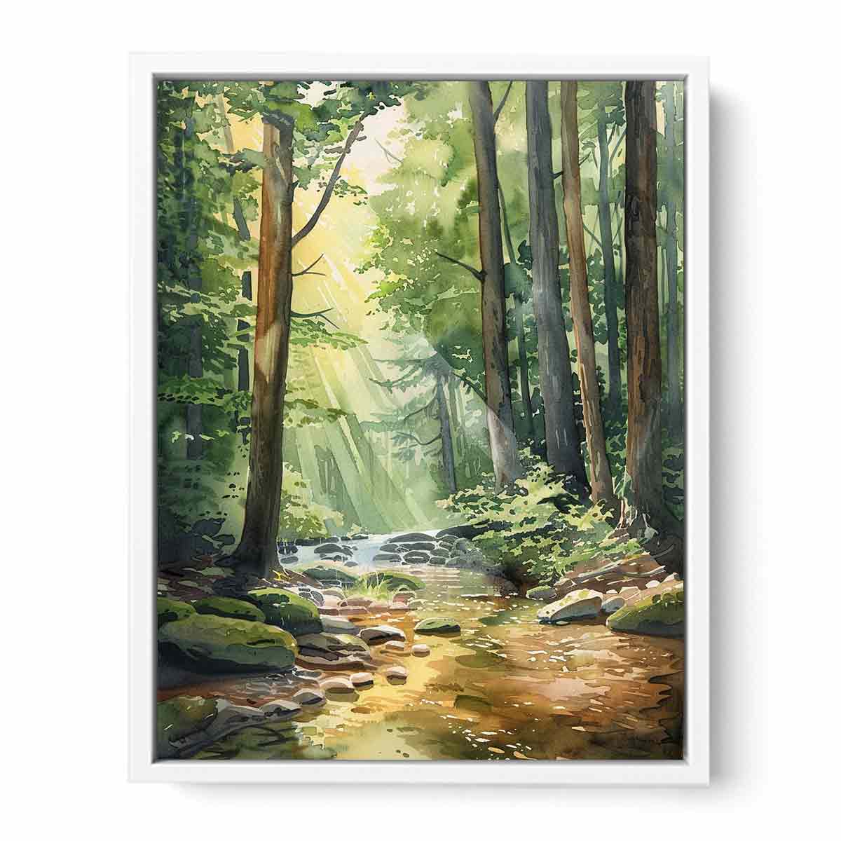 Sunlit forest creek watercolor canvas art for peaceful living room or bedroom decor.