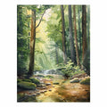 Sunlit forest creek watercolor canvas art for peaceful living room or bedroom decor.