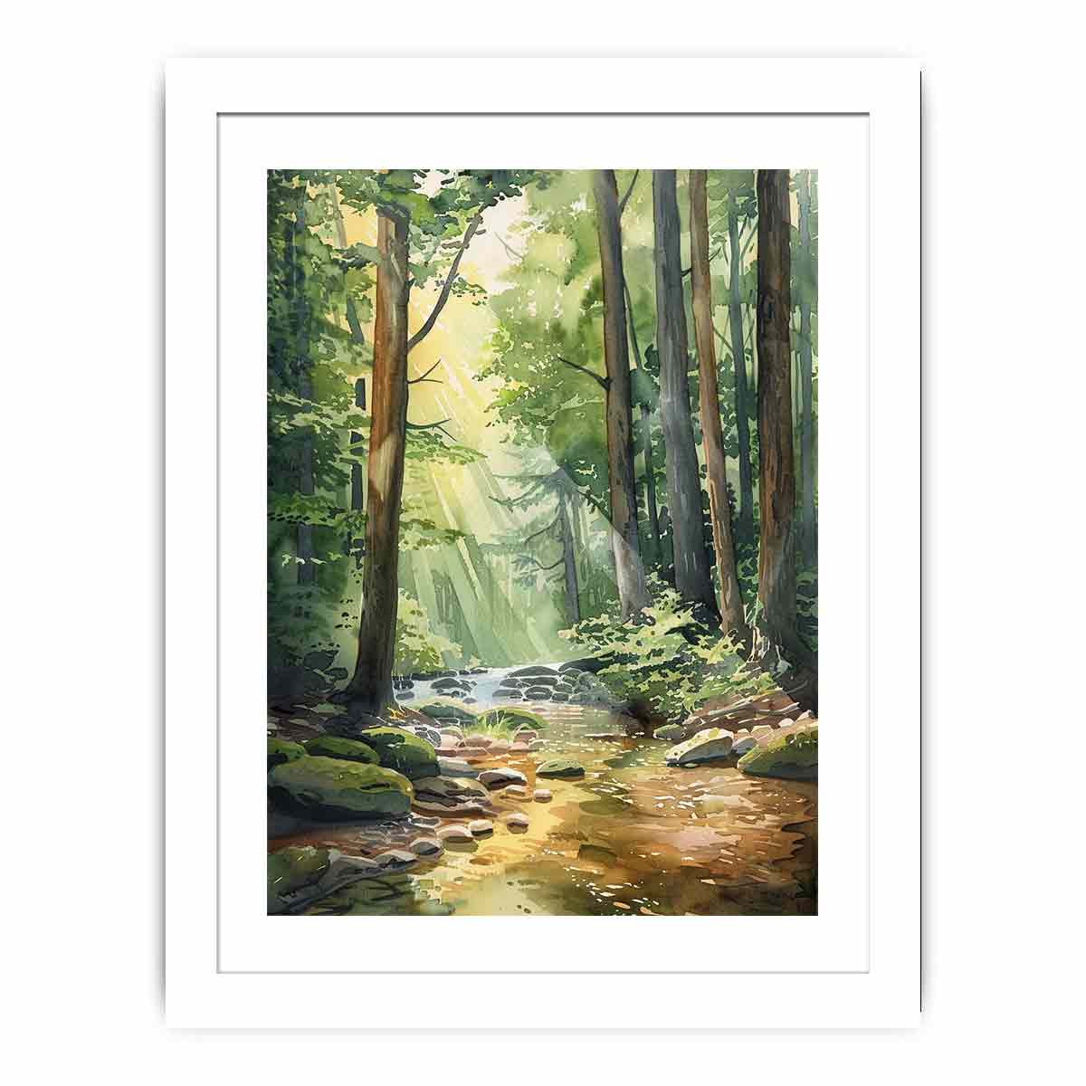 Sunlit forest creek watercolor canvas art for peaceful living room or bedroom decor.