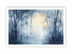 Misty blue forest watercolor canvas art for calm bedroom or living room decor.