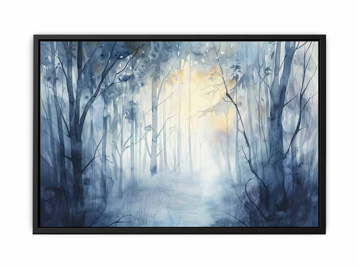 Misty blue forest watercolor canvas art for calm bedroom or living room decor.