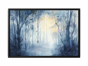 Misty blue forest watercolor canvas art for calm bedroom or living room decor.
