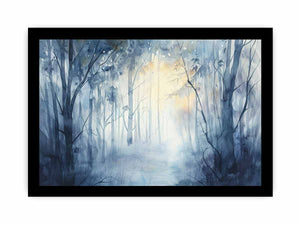 Misty blue forest watercolor canvas art for calm bedroom or living room decor.