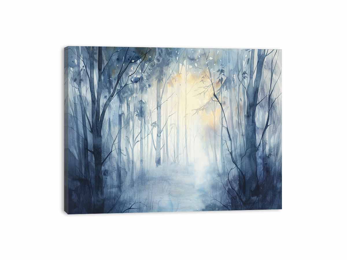 Misty blue forest watercolor canvas art for calm bedroom or living room decor.