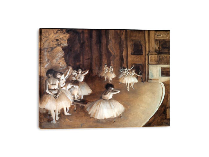 The Dance Class - The Rehearsal of the Ballet on Stage  by Edgar Degas Canvas Print